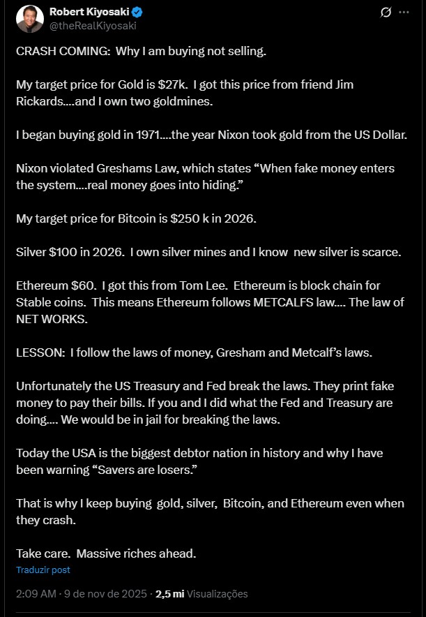 Robert Kiyosaki, autor de 'Pai Rico, Pai Pobre', faz previsão de preço para ouro, prata e Bitcoin. Fonte: X.