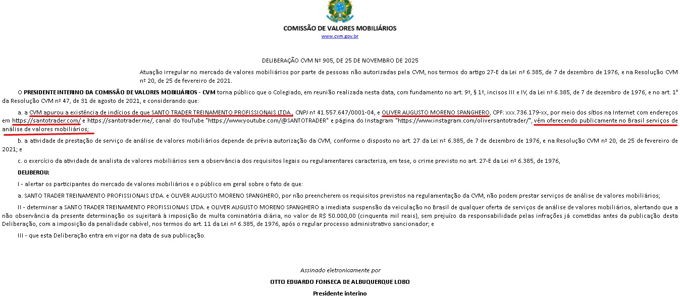 Alerta da CVM contra serviços do Santo Trader