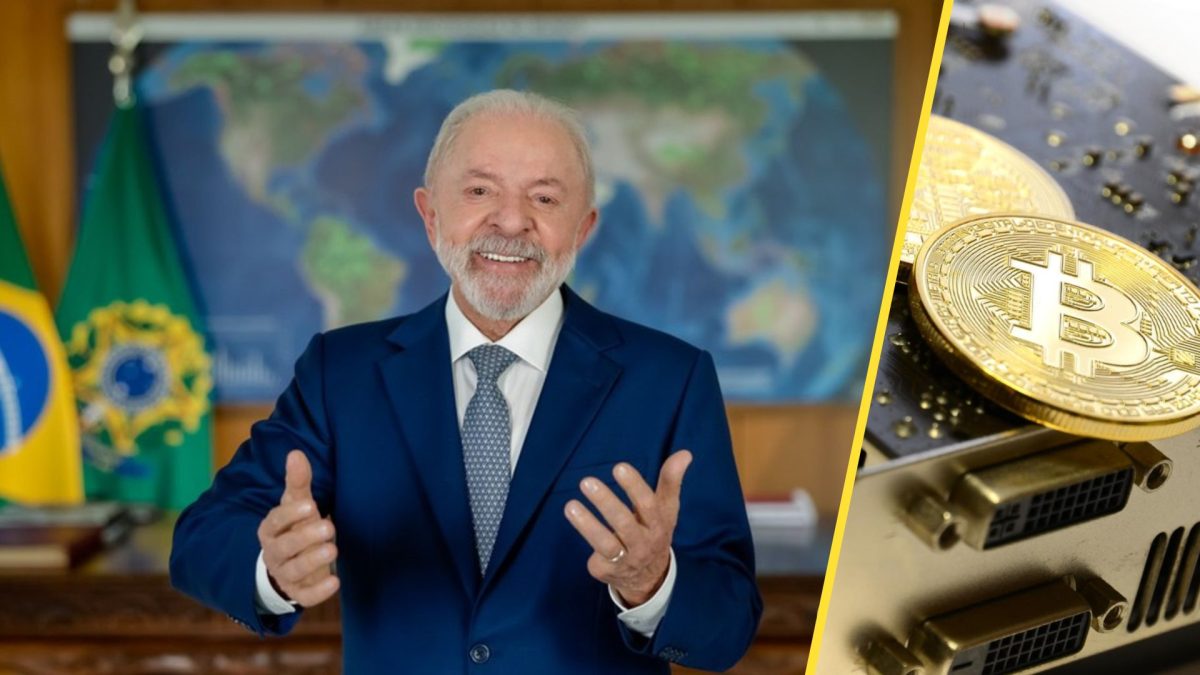 Lula em discurso ao lado de equipamento bitcoin