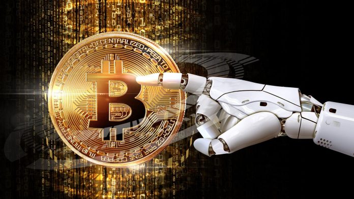 Mão robótica acessando holograma de bitcoin inteligência artificial
