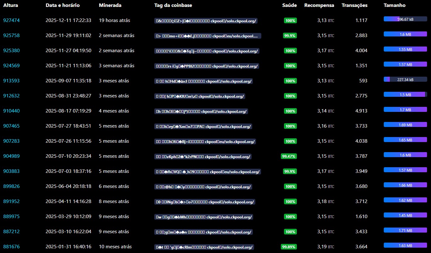 Blocos encontrados por mineradores solo na CK Pool em 2025. Fonte: Mempool.space.