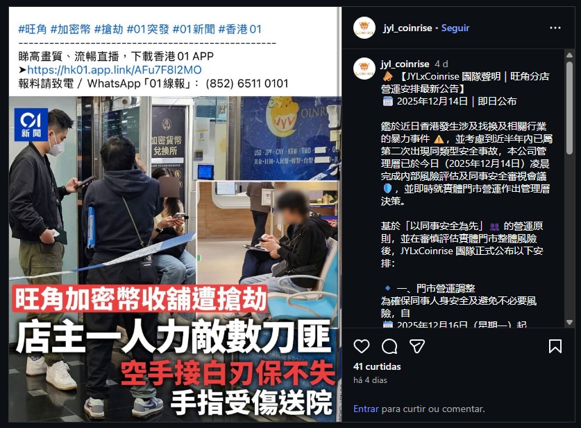 Corretora de criptomoedas anuncia encerramento de atividades após sofrer tentativa de assalto com faca em Hong Kong. Fonte: jyl_coinrise/Instagram.