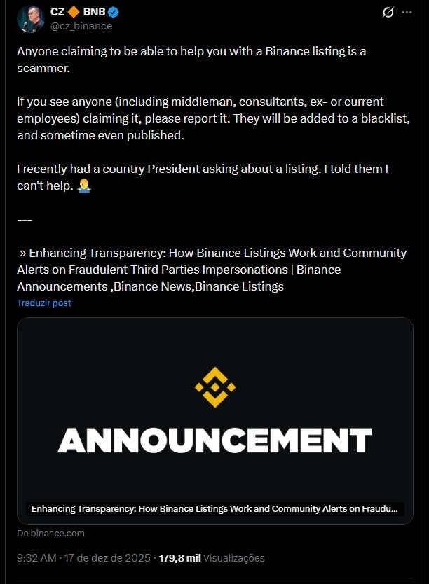 Fundador da Binance fala sobre golpistas que prometem listagens de criptomoedas em sua corretora. Fonte: X.