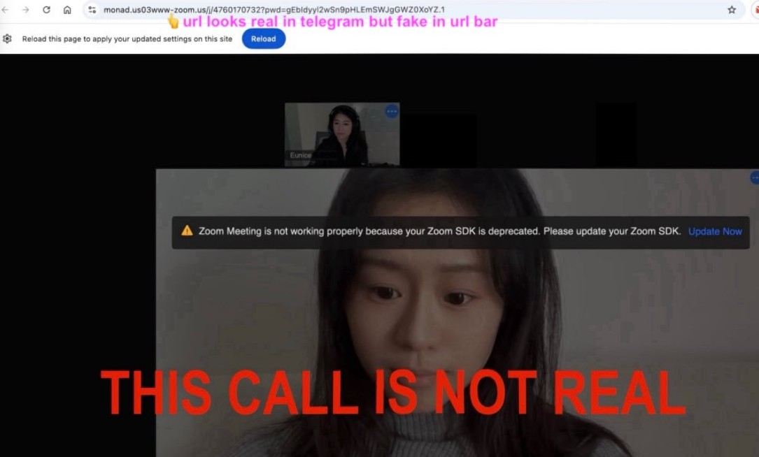 Desenvolvedor afirma que URL parece normal no Telegram, mas não no navegador. Além disso, nota que hackers estão reproduzindo gravações de pessoas familiares às vítimas. Fonte: Tay/X.