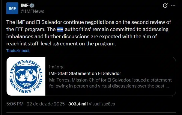 FMI publica nota sobre El Salvador. Fonte: X.