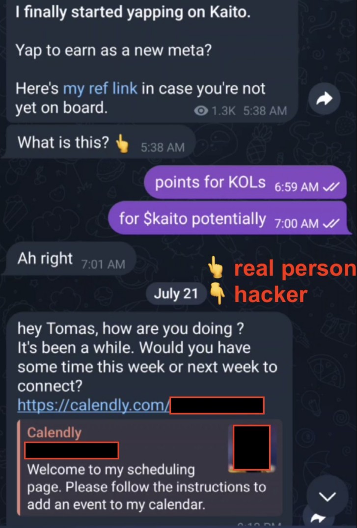 Desenvolvedor nota que conversa está dividida em duas partes, a superior com o contato original e a inferior com o hacker. Fonte: Tay/X.