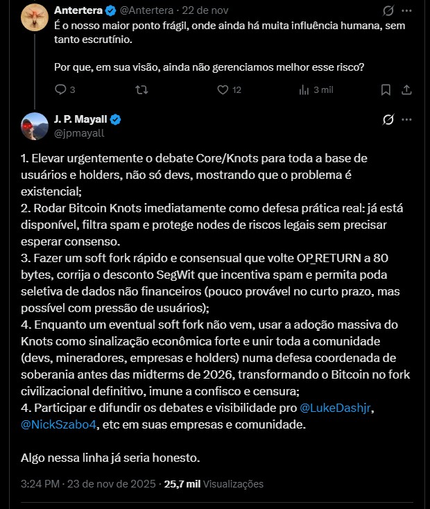 J. P. Mayall fala sobre briga entre desenvolvedores do Bitcoin Core e do Bitcoin Knots. Fonte: X.