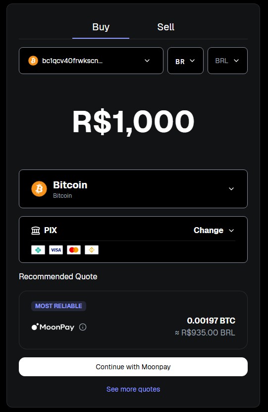 Cotação de compra de Bitcoin via Pix na MetaMask não é a melhor do mercado, mas pode ser uma alternativa para certos investidores. Fonte: MetaMask/Reprodução.