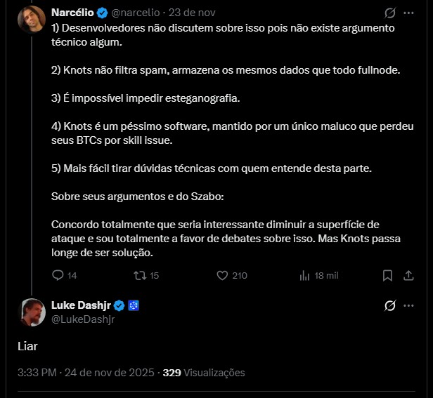 Narcélio fala sobre briga entre Bitcoin Core e Bitcoin Knots, e recebe resposta de Luke Dashjr. Fonte: X.