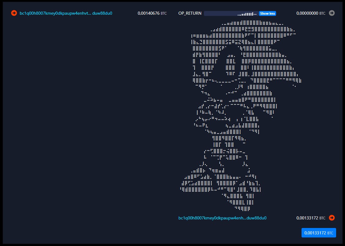 Mudanças no OP_RETURN permitiram que campo seja usado para inserir grandes quantidades de dados arbitrários além de transações monetárias, como artes em ASCII. Fonte: Mempool.space.