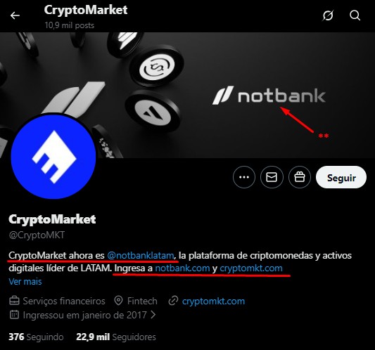 CryptoMarket já indica no perfil espanhol e internacional que mudou seu nome para notbank