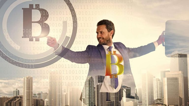 Empresário buscando bitcoin livre mercado