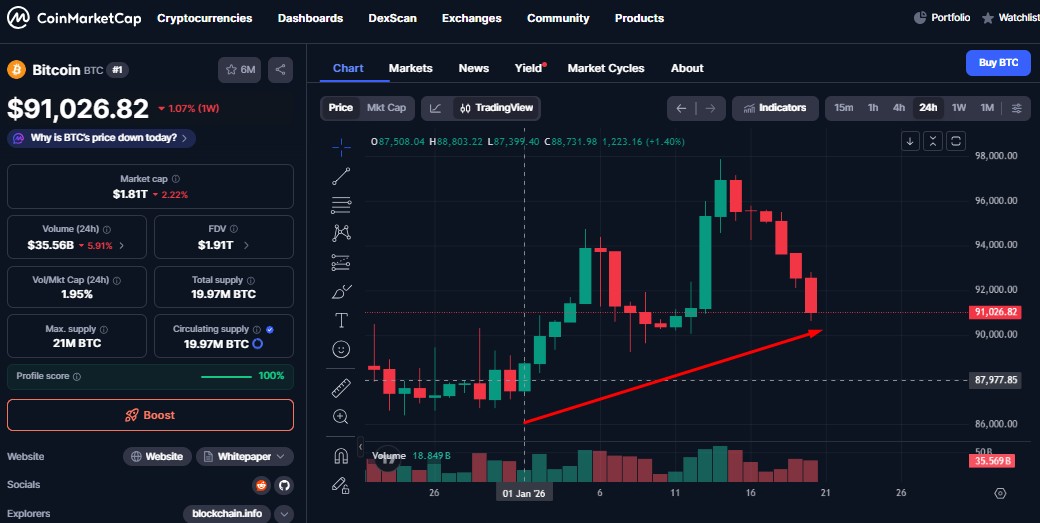 Preço do bitcoin cai a 91 mil dólares e acumula queda nos últimos sete dias