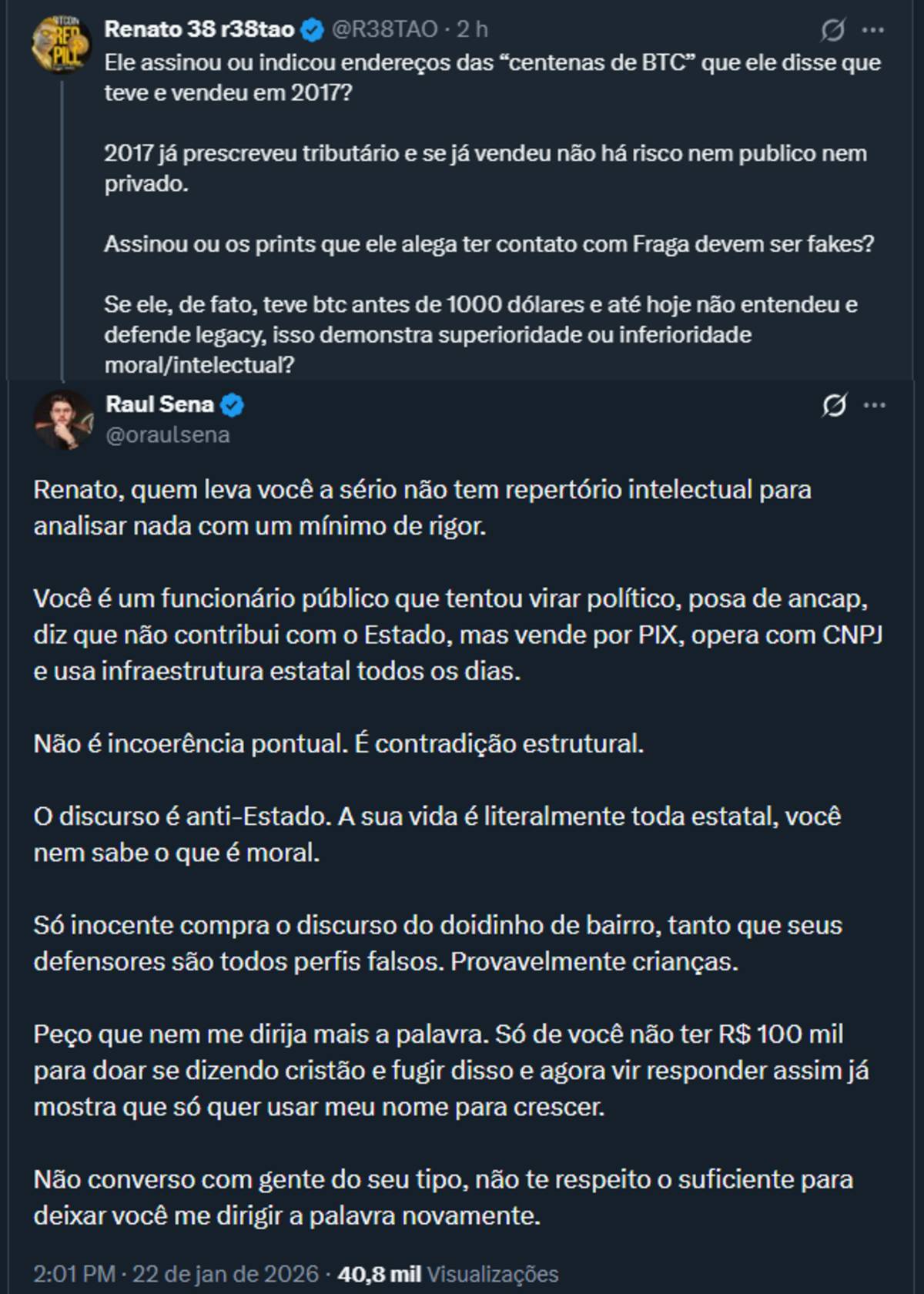 Raul Sena e Trezoitão divergem opinião sobre bitcoin em discussão pública