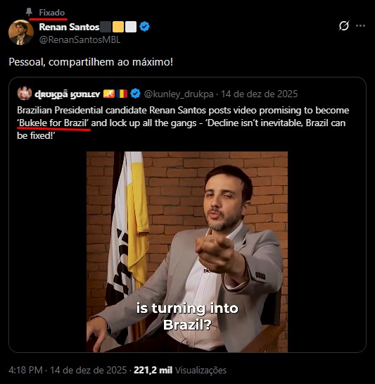 Renan Santos já foi comparado a Bukele do Brasil e, além de fixar na sua conta do X, ainda pediu que seus seguidores compartilhassem conteúdo