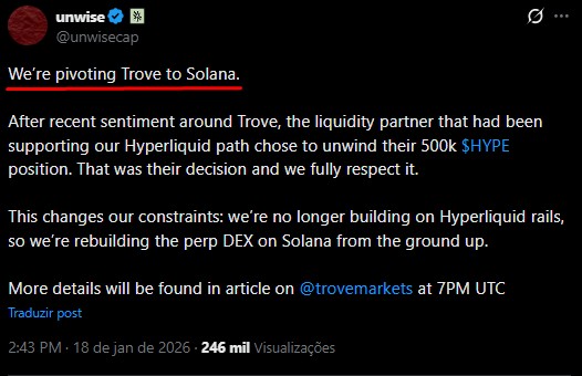 Trove migrou para Solana de última hora e irritou investidores