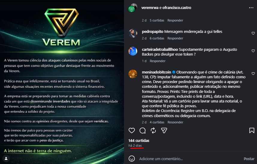 Verem diz que vai processar autores de ataques caluniosos contra o projeto