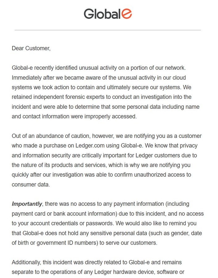 Ledger reconhece vazamento de dados de clientes que compraram suas carteiras através da Global-e, responsável pela logística global da empresa. Fonte: Reprodução.