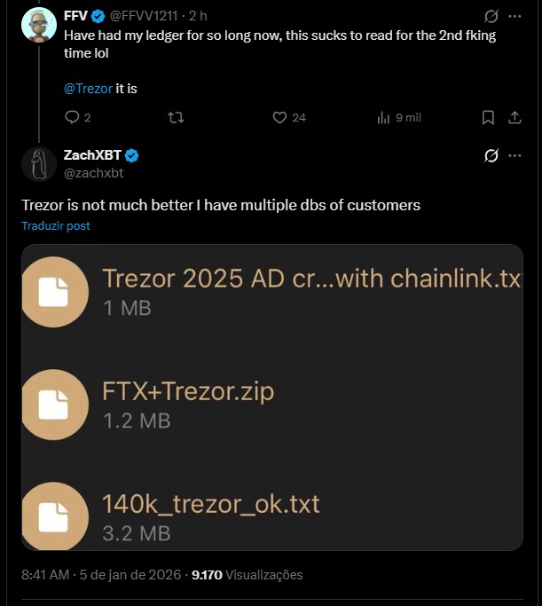 ZachXBT, famoso investigador independente que também cobriu o vazamento de dados da Ledger, afirma que Trezor sofre do mesmo problema. Fonte: X.