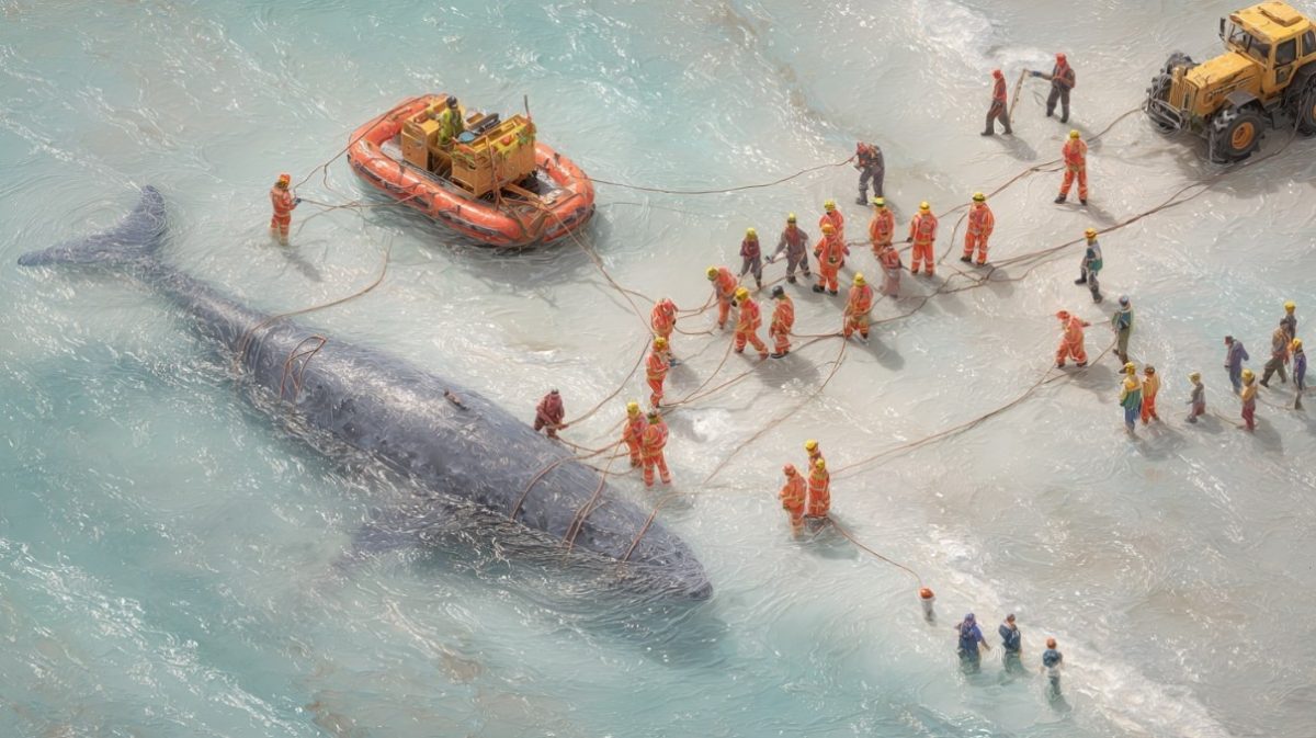 Baleia encalhada. Imagem gerada por AI, Livecoins