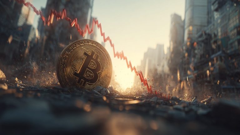 Bitcoin em queda no meio da cidade, Imagem gerada por AI, Livecoins