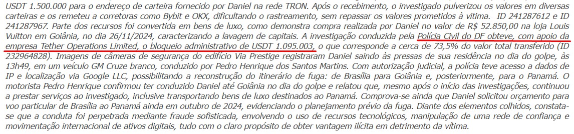Polícia Civil do DF conseguiu ajuda da Tether para bloquear valores roubados