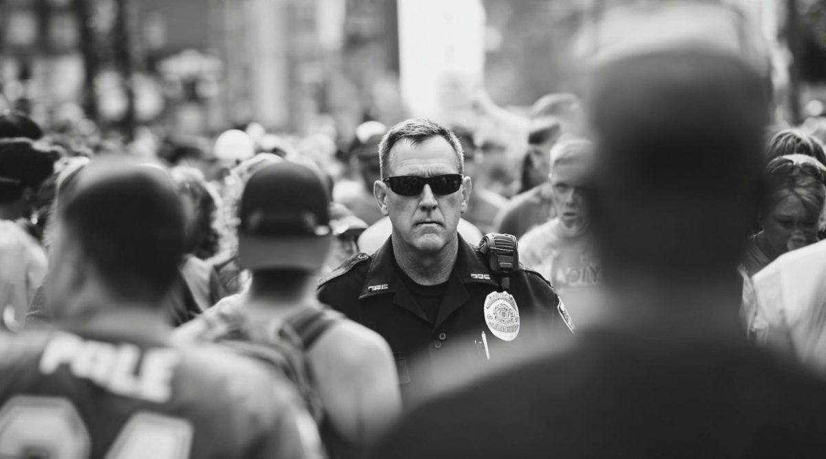 Polícia no meio de pessoas (Imagem gerada por IA)