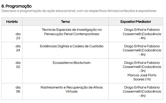 Programação de capacitação em criptomoedas do Ministério Público do Paraná