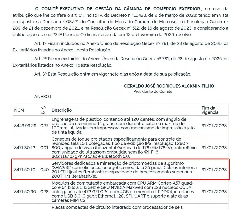 Mineradoras de Bitcoin aparecem em lista de isenção de imposto de importação assinada pelo vice-presidente Geraldo Alckmin.
