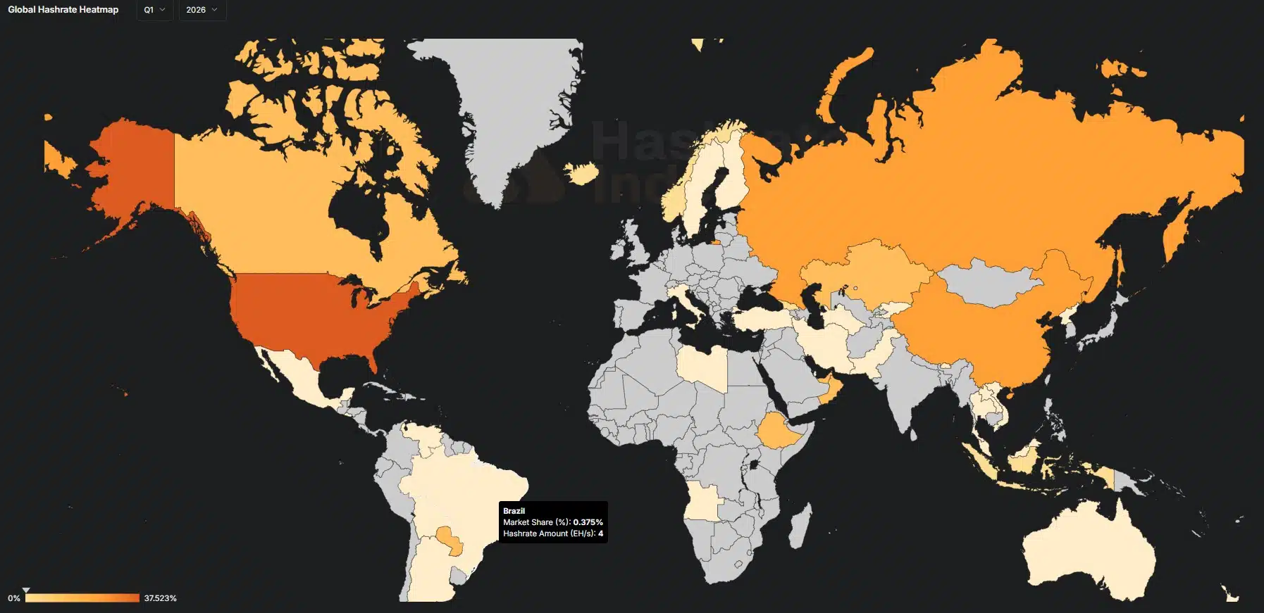 Brasil aparece com 0,375% do hashrate mundial de mineração de Bitcoin. Fonte: Hashrate Index.