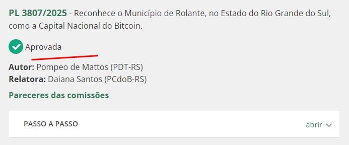 Aprovado homenagem a Rolante como Capital Nacional de Bitcoin