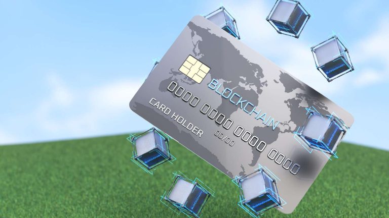 Cartão escrito blockchain, sinal de união de tecnologias stablecoins