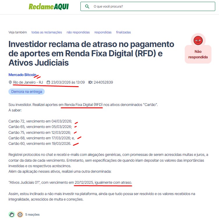 Cliente do Mercado Bitcoin com investimento em seis produtos de renda fixa se queixa de atrasos desde dezembro de 2025