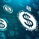Moedas de Dólar em rede digital, conceito de stablecoins