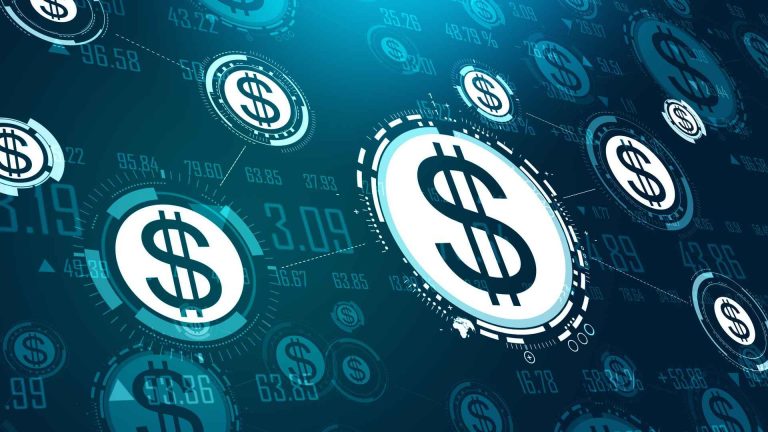 Moedas de Dólar em rede digital, conceito de stablecoins