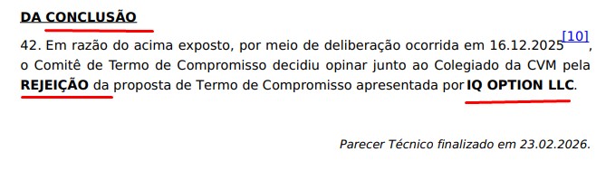 Parecer da CVM confirma rejeição de acordo com Iq Option