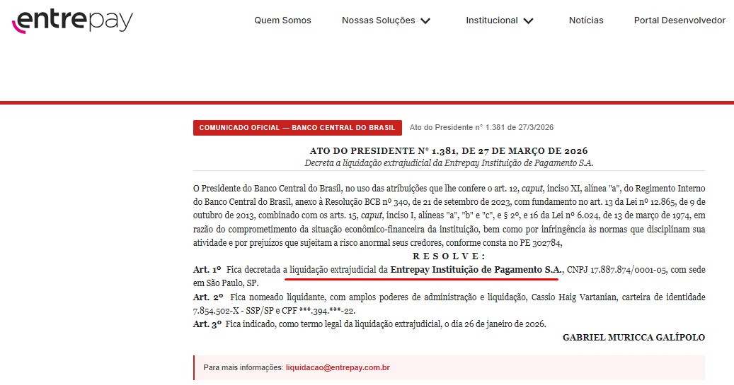 Presidente do BCB, Gabriel Galípolo, assinou liquidação extrajudicial da Entrepay