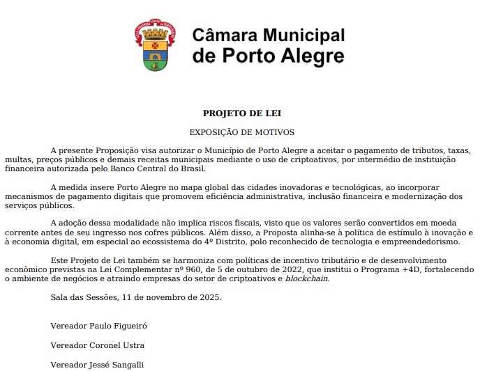 Vereadores de Porto Alegre querem liberar bitcoin e criptomoedas para pagamentos de impostos