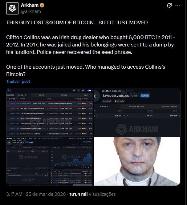 Arkham fala sobre a movimentação dos 500 bitcoins de Clifton Collins. Fonte: X.