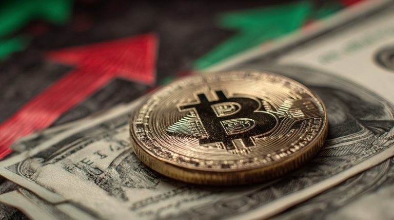 Bitcoin e notas de dólar. Fonte: Midjourney.