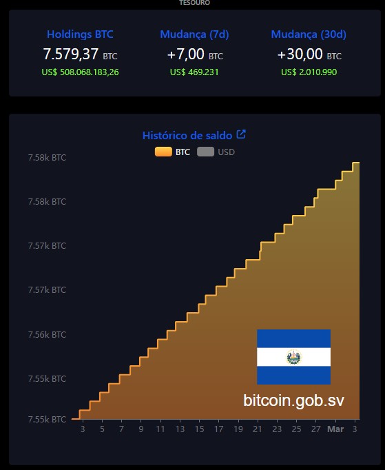 Reservas de Bitcoin de El Salvador crescem dia a dia. Fonte: Governo de El Salvador/Reprodução.