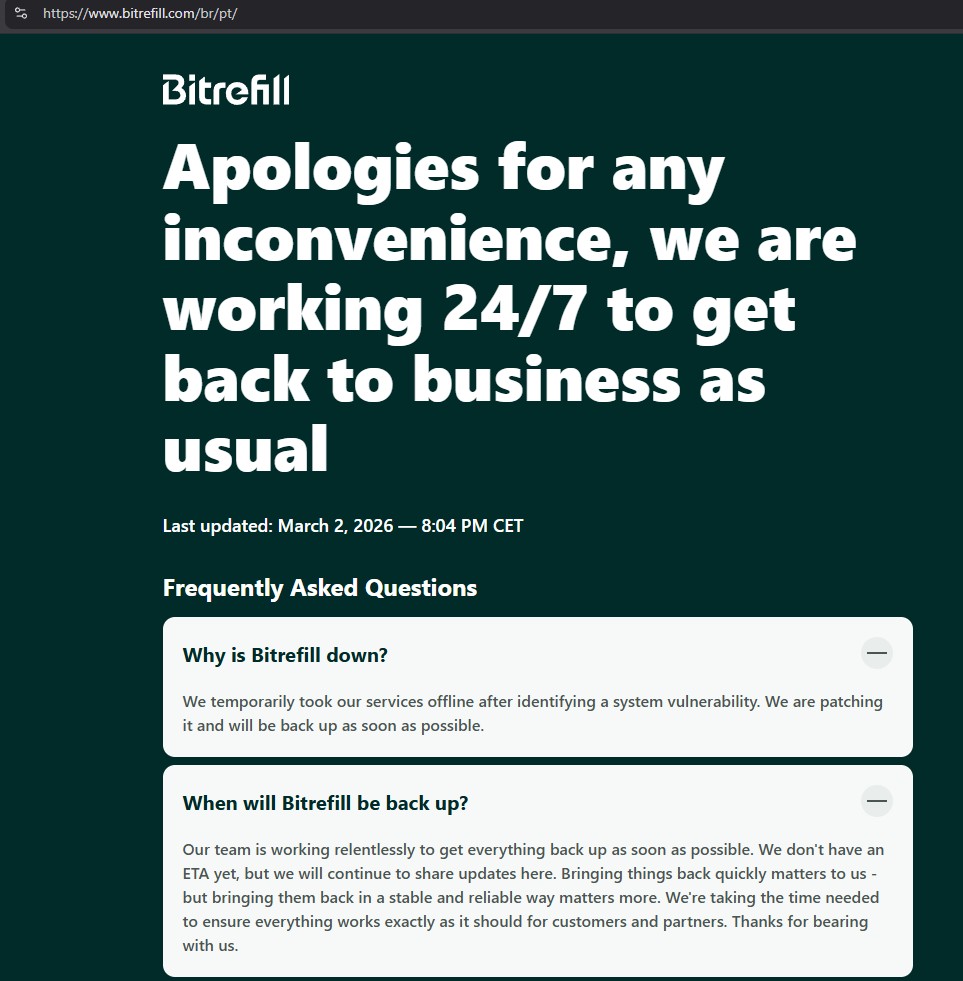 Ao acessar o site da Bitrefill, clientes se deparam com um aviso de que os sistemas da plataforma estão sob manutenção.