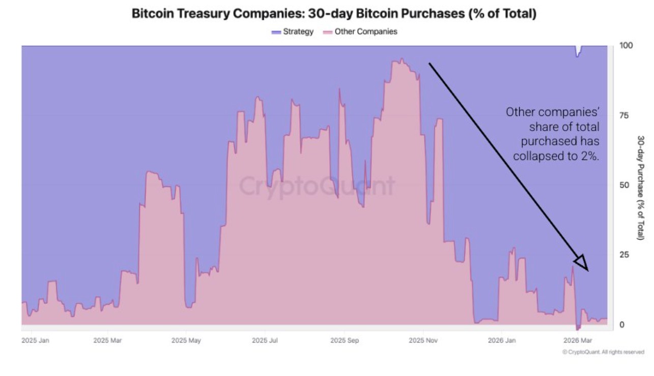Compras de Bitcoin por outras empresas além da Strategy caíram para o pior nível. Fonte: CryptoQuant/Reprodução.
