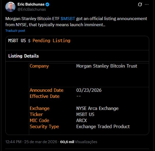 ETF de Bitcoin da Morgan Stanley pode estrear no mercado nesta semana. Fonte: X.