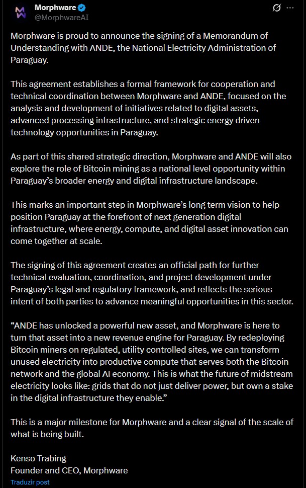 Morphware e ANDE fecham parceria para governo paraguaio minerar Bitcoin usando equipamentos confiscados. Fonte: X.