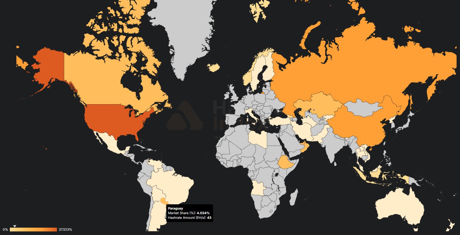 Estudo afirma que Paraguai é responsável por 4% da mineração mundial de Bitcoin, sendo a maior potência da América do Sul. Fonte: Hashrate Index.