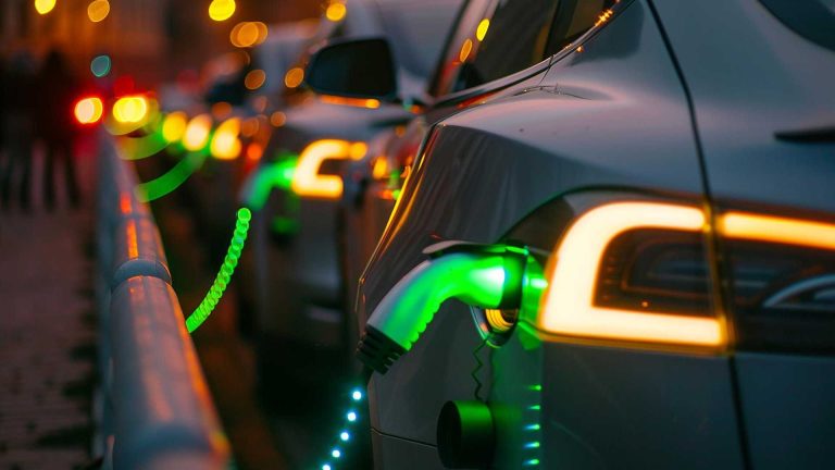 Carros elétricos enfileirados para carregar baterias