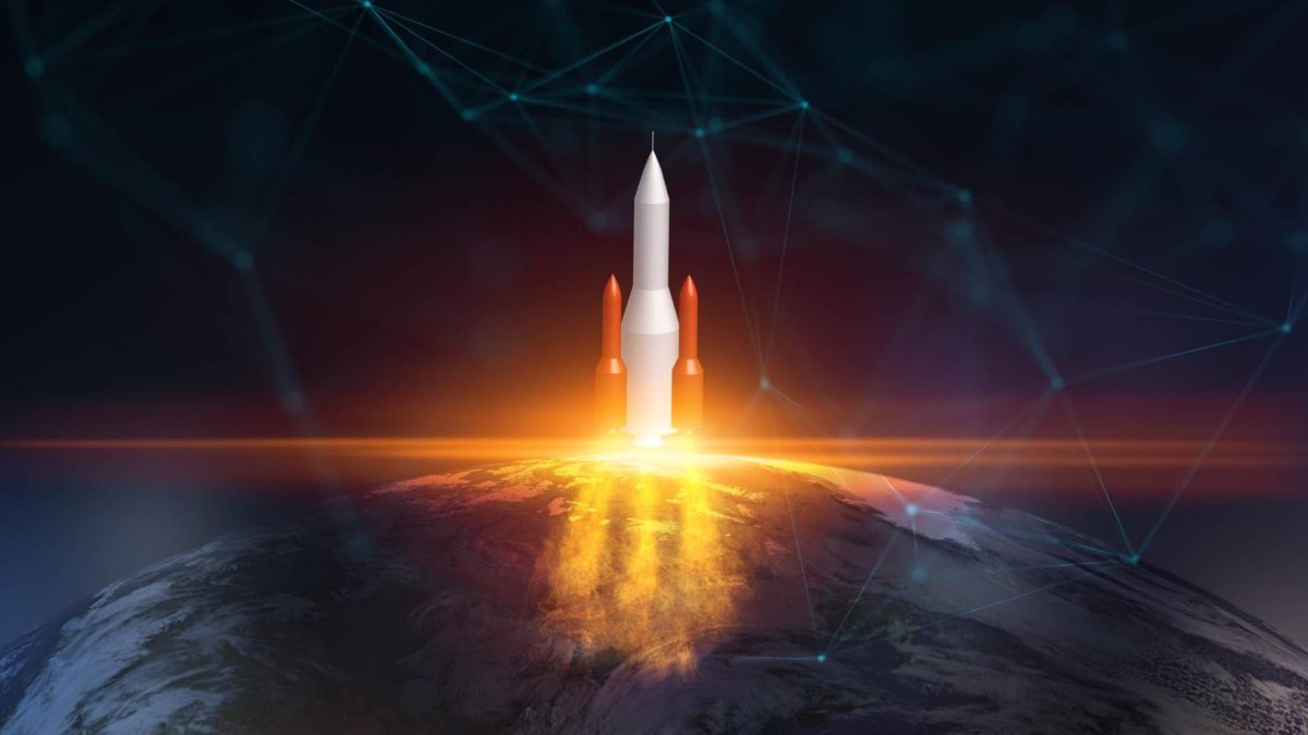 Nave espacial com planeta Terra em destaque, com redes próximas De Apollo à Artemis: o problema que o blockchain tenta resolver
