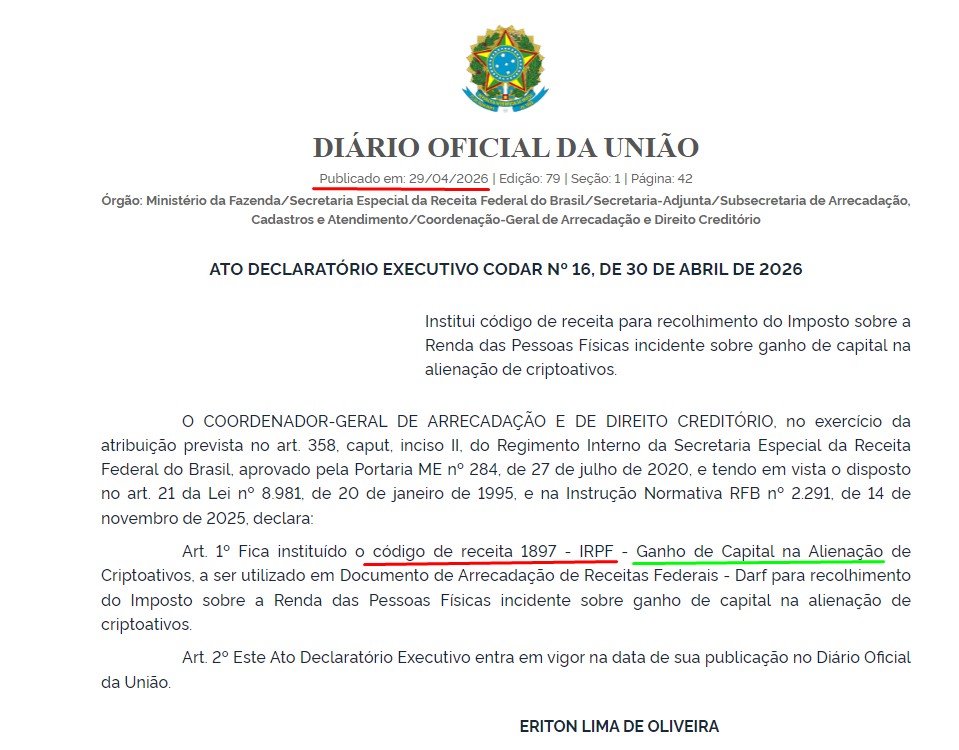 Novo Ato Declaratório da Receita Federal do Brasil mira ganhos de capital com alienação de bitcoin e criptomoedas Receita Federal lança novo código para declaração de imposto com lucro de Bitcoin