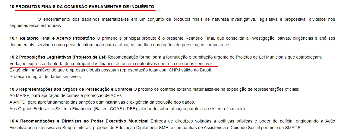 Produto final pede proposta legislativa que proíbe trocar criptomoedas por dados sensíveis em São Paulo